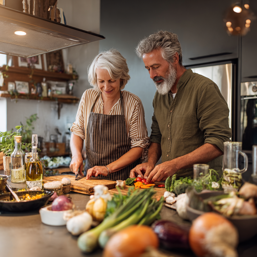 50 years old couple cooking healthy meal together in modern kitchen