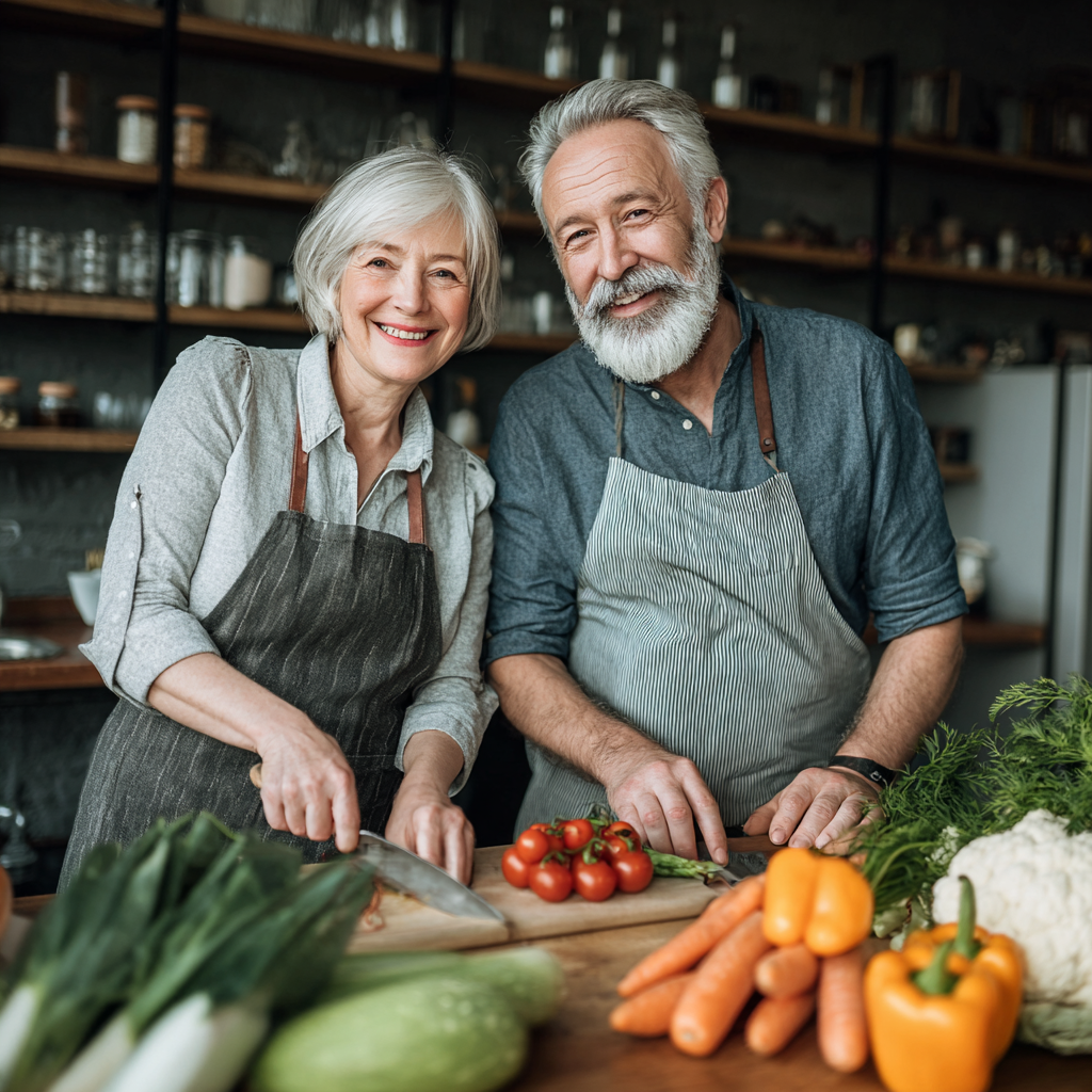 52 years old couple preparing healthy meals together following nutrition plan